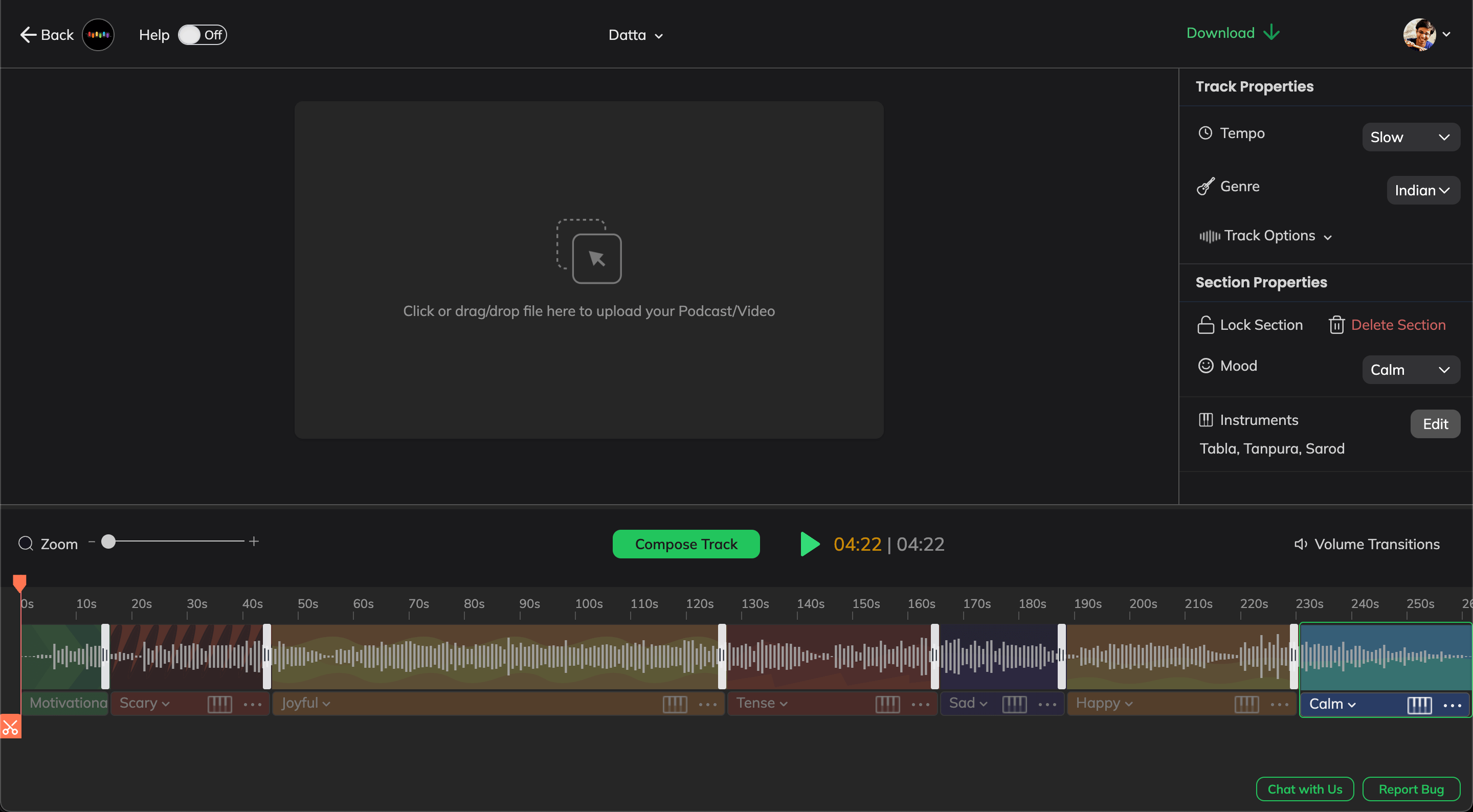 Using BeatovenAI to generate an Indian Classical music track with moods according to the story