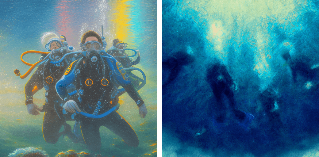My first experiment with AI art using Midjourney & Dall-e: Impressionist paintings of a submerged world.