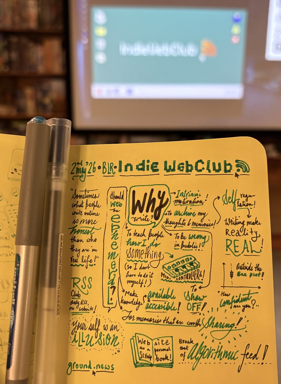 Sketchnotes from the recent IndieWebClub BLR meetup: discussions, opinions, resonance.