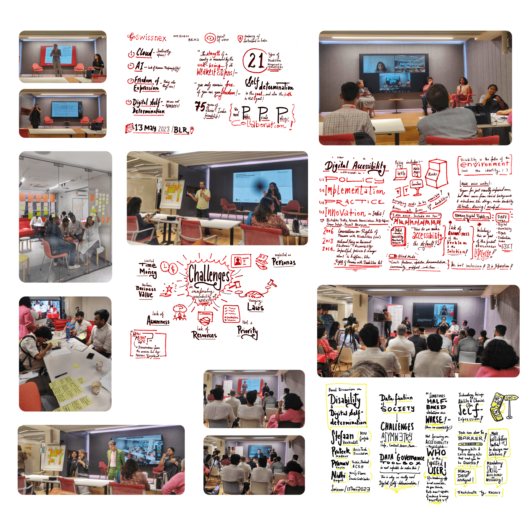Collage of photos of panels, talks & discussions with 4 sketchnotes by Rasagy from the day-long session.