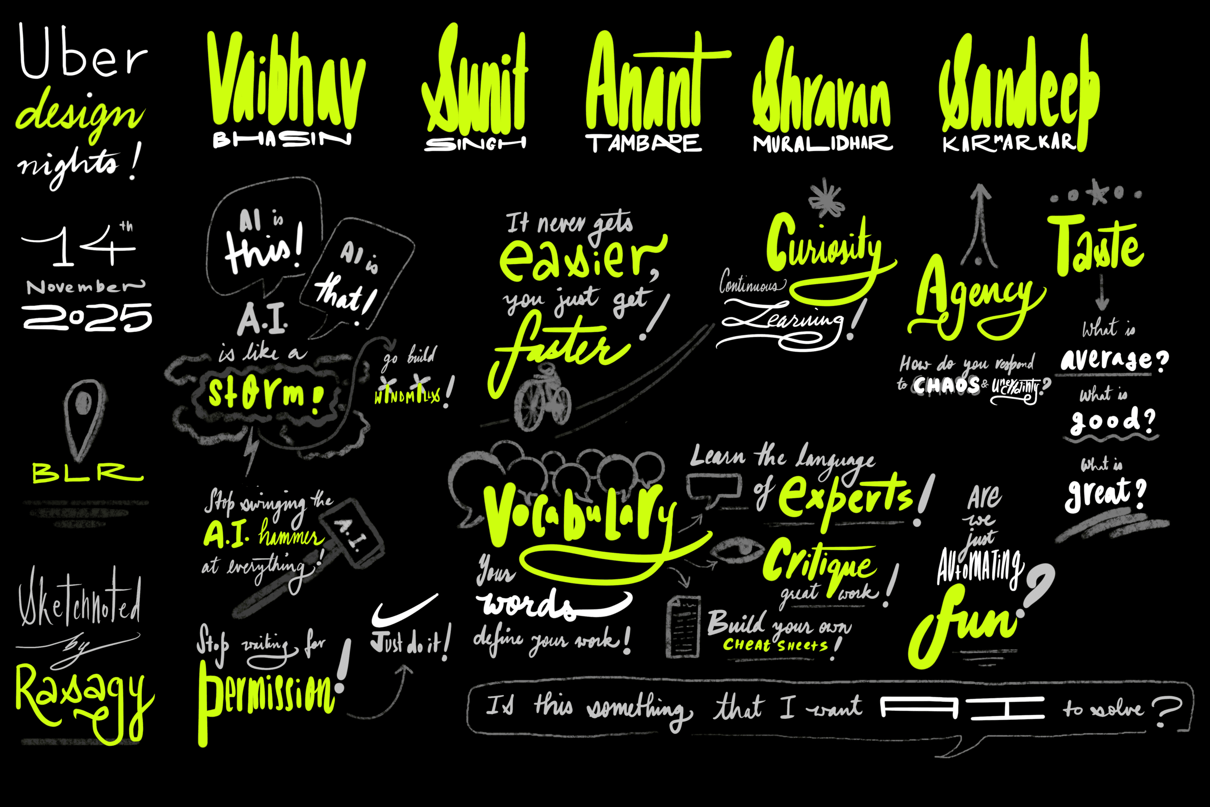 Sketchnote of Talks & Panel at Uber Design Night
