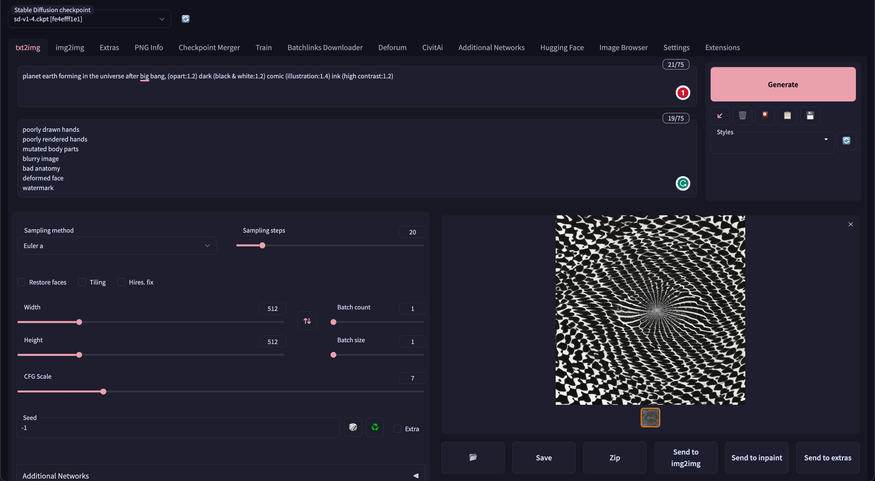 Stable Diffusion Web UI with weighted prompts & negative prompts.