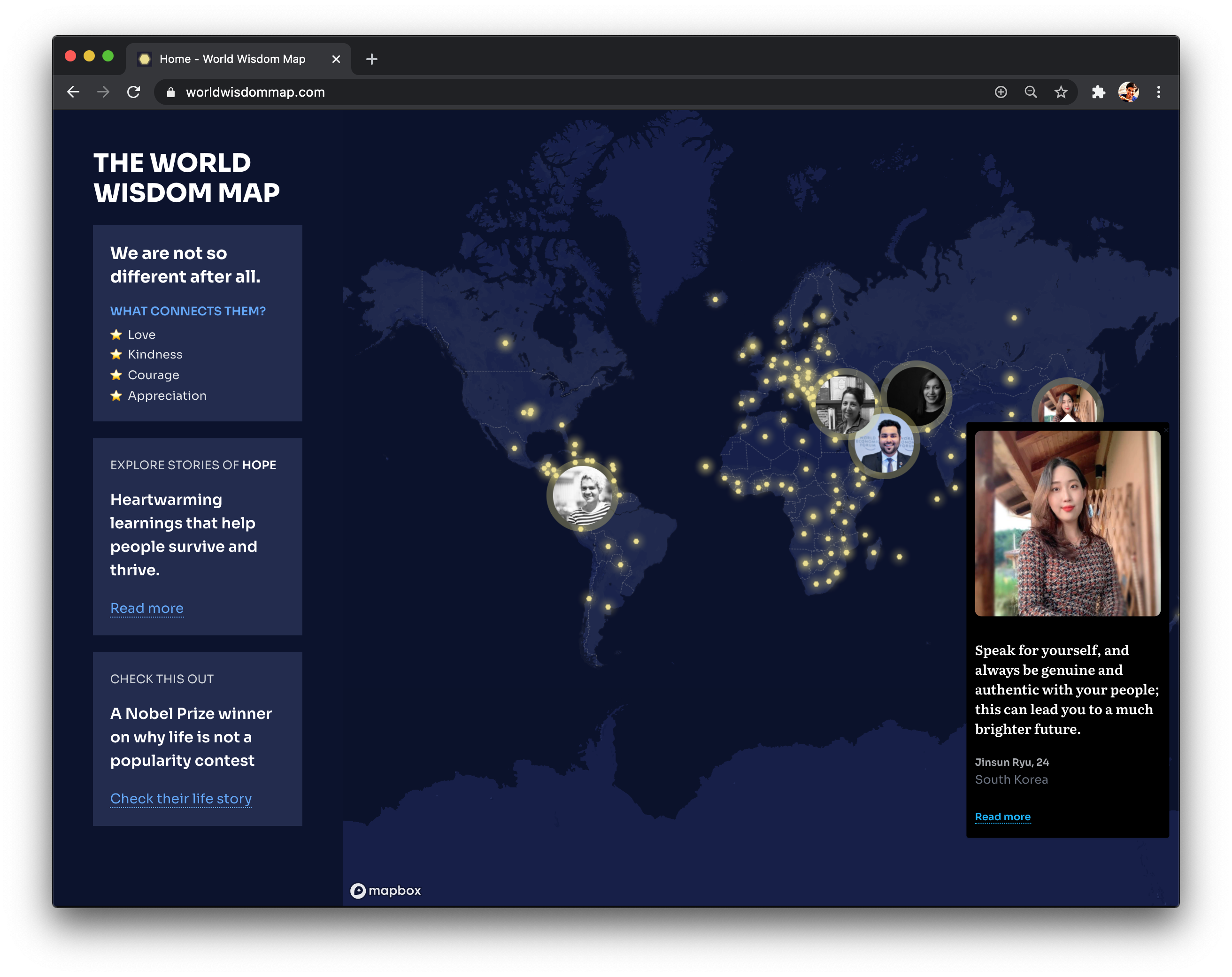 Highlighted life lessons on homepage on a dark blue basemap